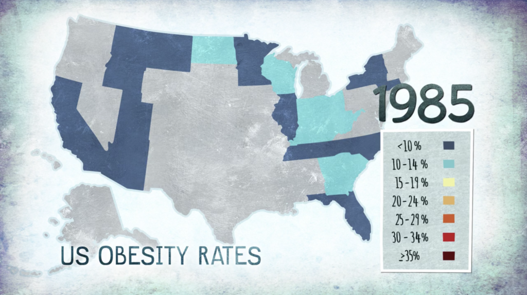 Carte montrant le pourcentage des américains obèses en 1985 - Source The C World