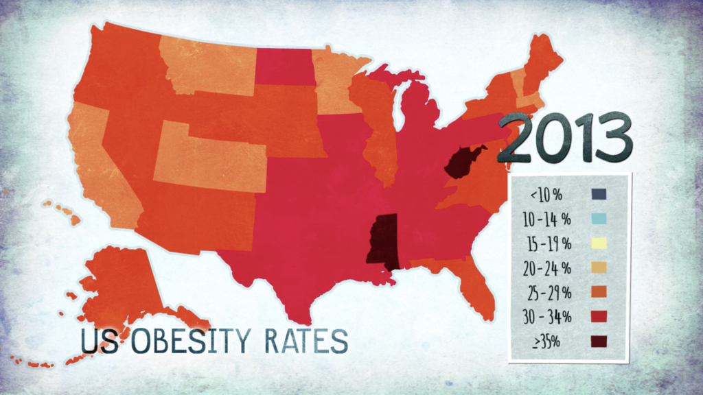 Carte montrant le pourcentage des américains obèses en 2013 - Source The C World